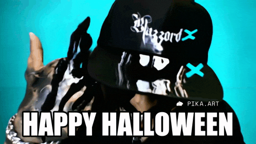 a person wearing a black hat with the words happy halloween on the bottom