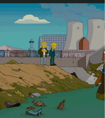 a cartoon of a man standing next to a man standing next to a river