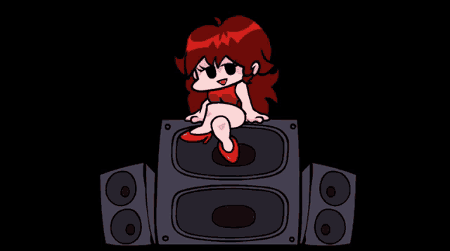 a cartoon girl is sitting on top of a stack of speakers