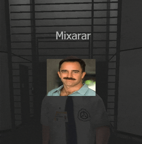 a man with a mustache is standing in front of a sign that says mixaran