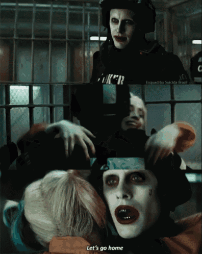 the joker says let 's go home to harley quinn in a prison cell