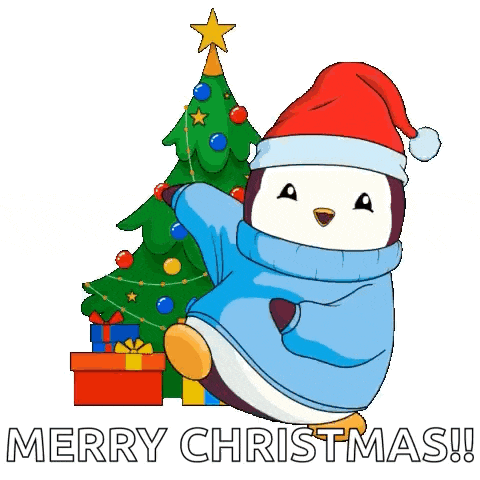 a penguin wearing a santa hat is decorating a christmas tree with gifts .