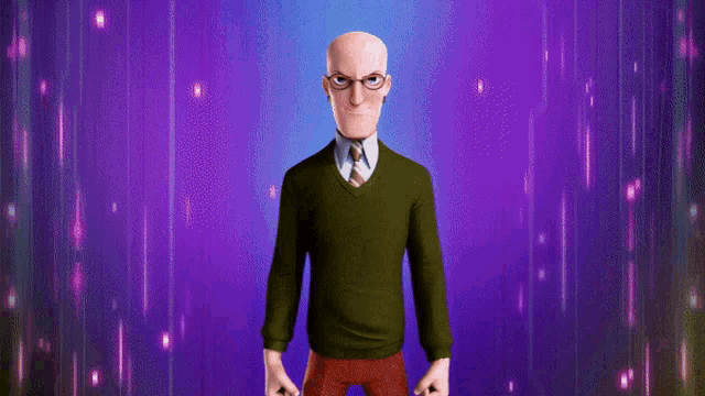 a cartoon character with glasses and a green sweater is pointing at his wrist
