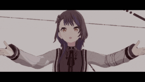 a girl with a bow on her head is standing with her arms wide open
