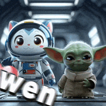 a cat and a baby yoda are standing next to each other with the word wen in the background