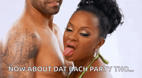 a woman sticking her tongue out next to a shirtless man with the words `` now about dat bach party tho ... ''