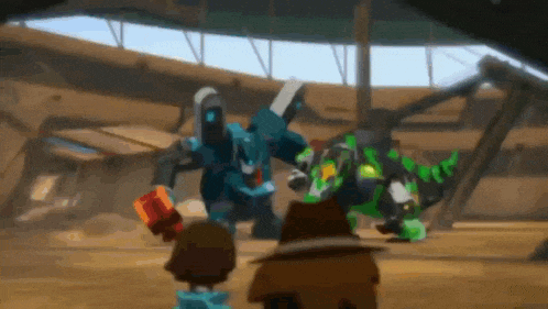 a group of cartoon characters are standing next to each other in a room in a video game .
