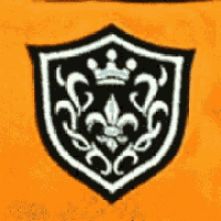 a black and white shield with a crown and fleur de lis