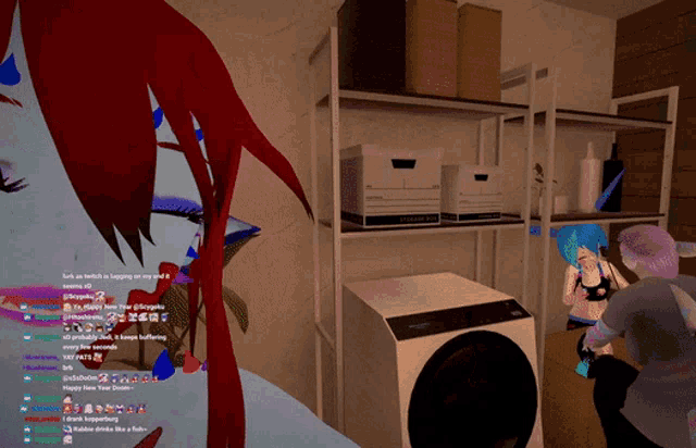 a screenshot of a video game shows a washer and dryer and a girl with red hair