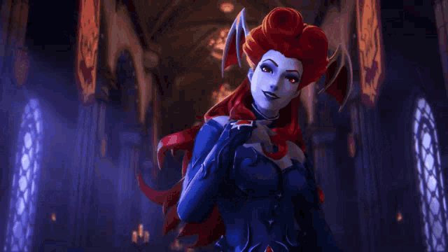 a woman with red hair and a blue dress is standing in a dark hallway