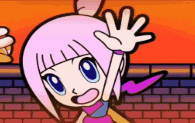 a cartoon girl with pink hair is waving her hand in front of a brick wall .