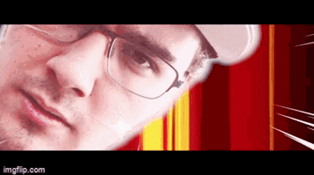 a close up of a man 's face with glasses and a white hat