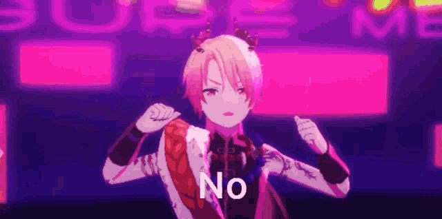 a cartoon character with a crown on his head is standing in front of a neon sign that says `` no '' .