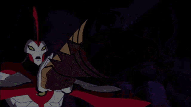 a green cartoon character with red eyes and a yellow armor