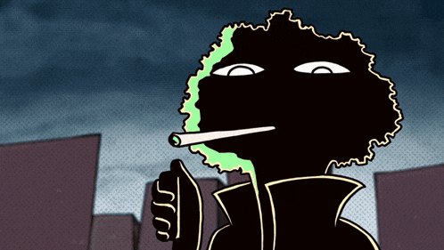 a cartoon drawing of a man smoking a cigarette with a sss logo on his hand