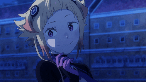 a girl with blonde hair and purple gloves is smiling with her eyes closed