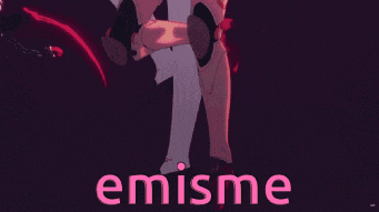 a couple of anime characters standing next to each other with the word emisme in pink letters