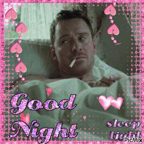 a man is laying in bed with a cigarette in his mouth and the words good night sleep tight on the bottom