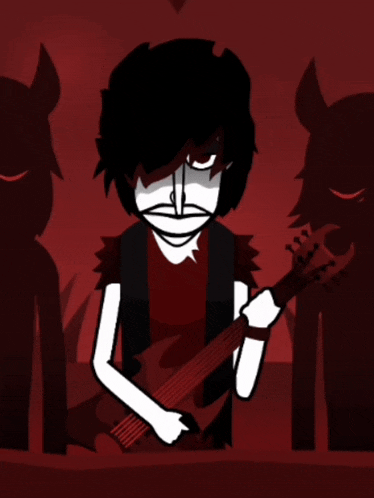 a cartoon of a man playing a guitar with devils behind him