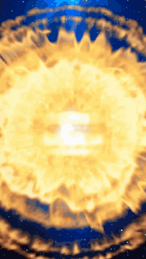a blue background with a circle of fire surrounding a white object