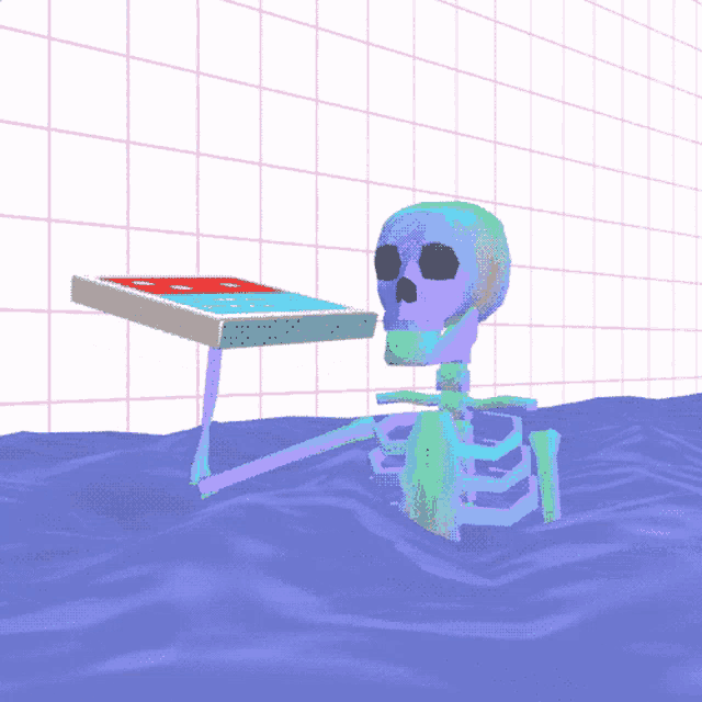 a skeleton is sitting at a table with a pizza box