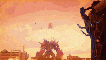 a robot is standing in front of a building with a red sky in the background
