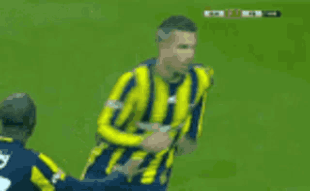 a soccer player in a yellow and blue striped jersey is being tackled by another player