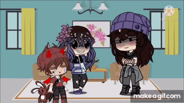 a girl with purple hair is standing next to a boy with red wings and a stuffed animal .