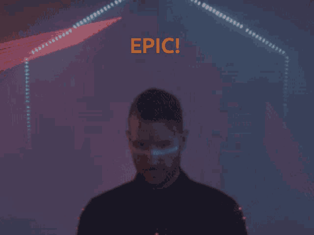 a man with a beard is standing in front of a sign that says epic