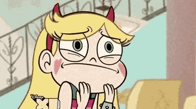 star butterfly from star vs the forces of evil is making a sad face with her hands on her face .