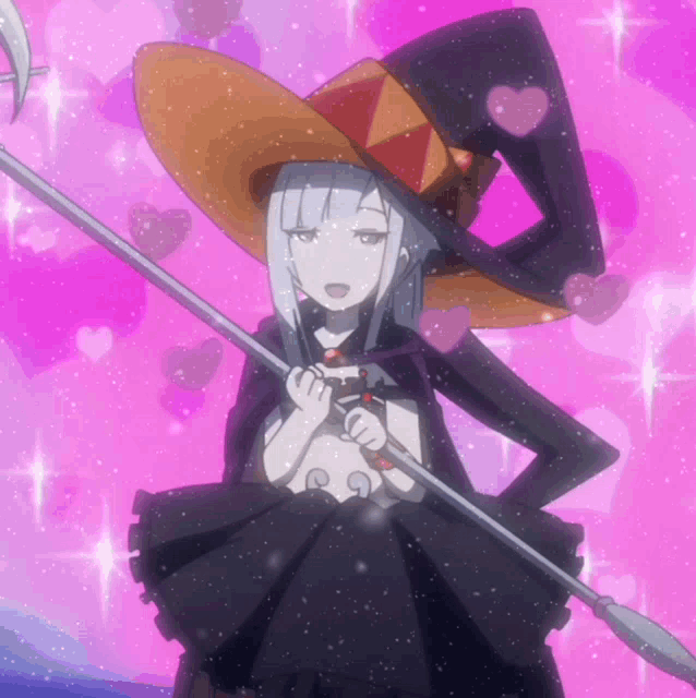 a girl in a witch hat is holding a spear in front of a pink background