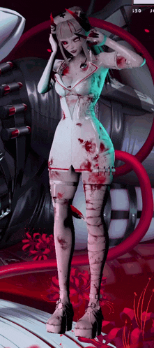 a woman in a bloody nurse 's outfit is standing in front of a machine