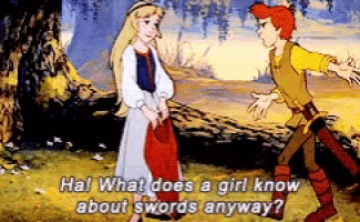 a boy and a girl are standing next to each other and the girl is asking the boy about swords anyway