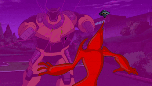 a cartoon of a robot and a red monster fighting