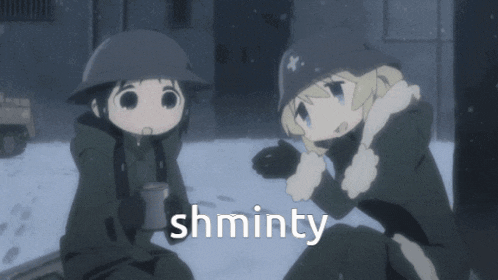 two anime characters are sitting in the snow and the word shminty is on the bottom right