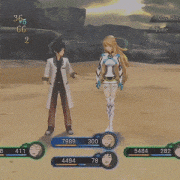 a video game screen shows a man and a woman standing next to each other with the number 365 on the top left