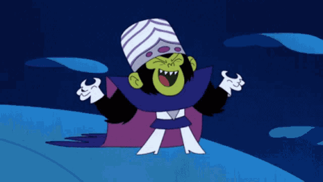 a cartoon character with a purple cape and a white hat is screaming