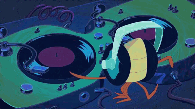 a cartoon character wearing headphones is standing in front of a turntable