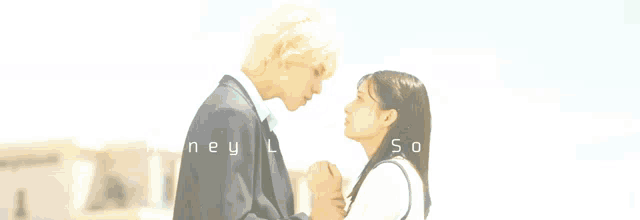 a man and a woman are looking into each other 's eyes and the words honey lemon soda are above them