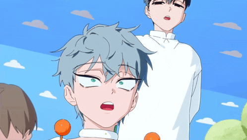 a boy with gray hair is holding a lollipop in his hand