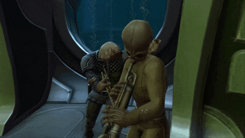 two aliens are playing instruments in a room