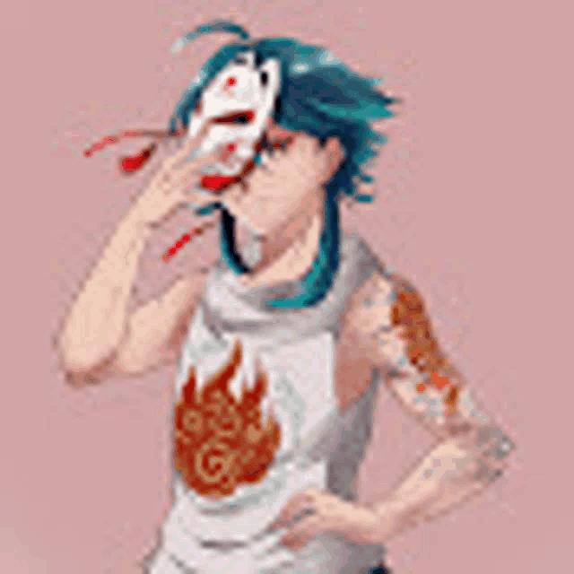 a man with a mask on his face is wearing a tank top with a fire design on it .