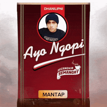 a red bag of ayo ngopi with a picture of a man