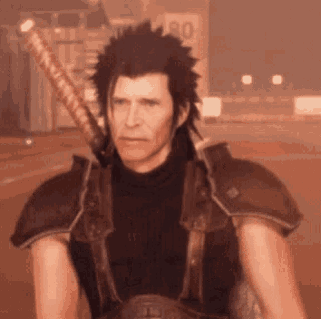 a man holding a sword in front of a sign that says ' 80 '