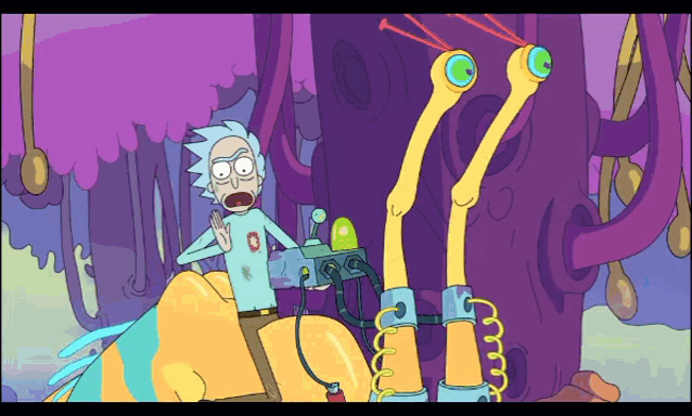 a cartoon character named rick from rick and morty is standing next to a monster