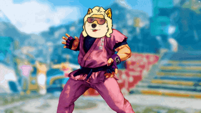 a cartoon of a dog wearing a pink karate uniform