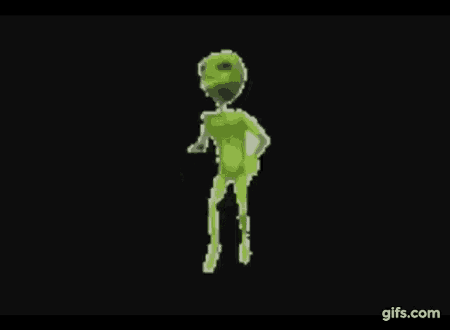 a green alien is dancing on a black background in a video game .
