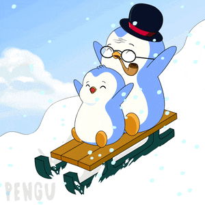 two penguins on a sled with the word pengu in the bottom right