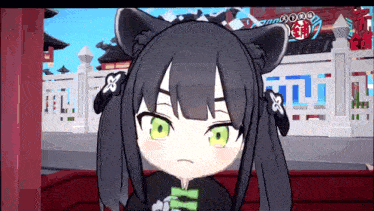 a cartoon girl with black hair and green eyes is standing next to a fence .