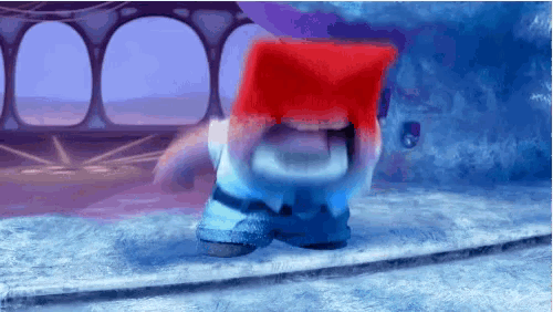 a cartoon character with a red hat and blue pants is standing on a snowy surface